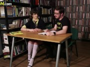 CFNM femdoms jerk guy cock in library 1/16