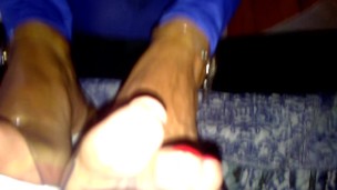 Red long toenails in clear heels teasing
