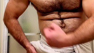 MUSCLE BEAR FLEXING IN WHITE BATH TOWEL!