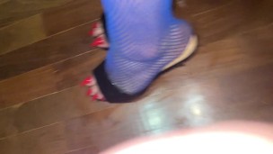 Long toenails claws in mules and fishnets covered in sperm