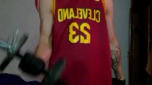 Straight guy working out warms up until he's naked