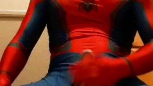 spiderman jerks off in hotel hallway and cums