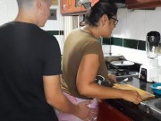 My stepmother gives me a rich blowjob in the kitchen. 1/16