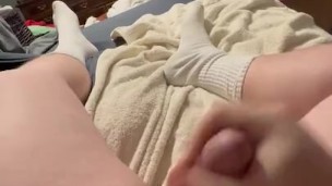 Cumshot wearing white long socks