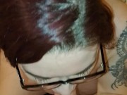 Getting a lovely POV Blowjob from Pregnant MILF Wife ends in Glasses Facial