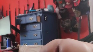 Muscle slut pulls huge dildo out of his ass