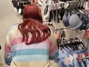 OUTDOOR RED HAIR BITCH walking with a PLUG and MASTURBATING in the DRESSING ROOM 4/16