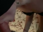 Cute blonde girl takes my cock in her mouth blindfolded