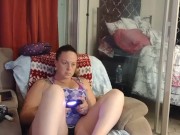 Long Hair Girl Smoking and Playing Video Games While I Film Up Her Purple Mini Skirt