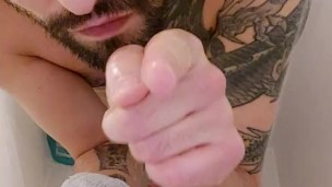 straight man jerking off in the shower while the roomie is next door