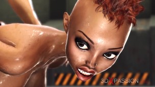 A hot black girl gets fucked hard by a cyber angel shemale in the sci-fi prison