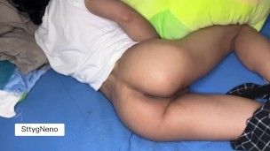 Beautiful 18 year old boy gets fucked hard while lying on the bed