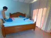 Nudist housekeeper Regina Noir makes the bedding in the bedroom. Naked maid. Naked housewife. c2 10/16