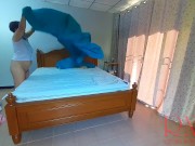 Nudist housekeeper Regina Noir makes the bedding in the bedroom. Naked maid. Naked housewife. c2 12/16