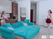 2 lesbian girls with natural tits fingering pussy and uses dildo 3/16