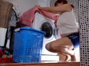 The maid washes her panties. The stranger fucked the maid in the laundry.1 1/16
