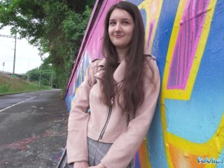 Public Agent – super natural and cute real european 19yr college student with natural breasts and red lingerie fucked outside
