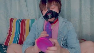 Dog boy suck and lick a dragon dildo with tiny mouth