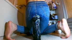 Through hole in JEANS onto a monster Dildo DEEP | Fisting | Juicy with a teenager | Teen | squirting