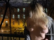Hot wife walks naked in public, went out to the balcony to show her big boobs. 12/16