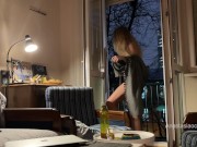 Hot wife walks naked in public, went out to the balcony to show her big boobs. 9/16