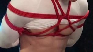 Asian boi tied in rope bondage and white undies edge