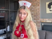 Naughty nurse seduced the patient, fuck him & got cum in mouth. Behind the scenes 1/16
