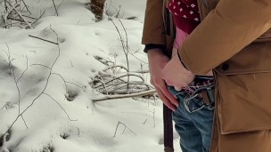 ASMR power pissing with pulsating urine in winter forest. Outdoor watersports