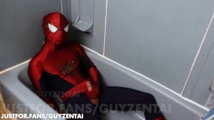 spiderman pisses all over his suit with hard cock, jerks off, cums in raised webbing spidey costume