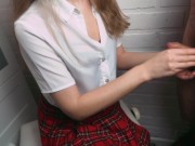 Schoolgirl gives her boyfriend a quick handjob and he cums on her blouse 1/16