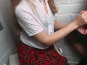 Schoolgirl gives her boyfriend a quick handjob and he cums on her blouse 8/16