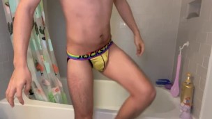 Pissing in Bathtub In morning Jockstrap Yellow