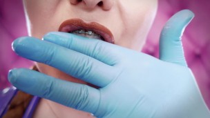 ASMR: eating food with braces, blue nitrile gloves fetish (SFW video)