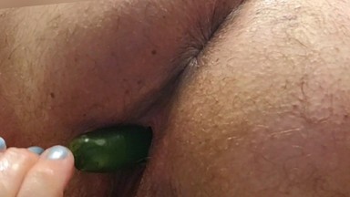 Fucking both my holes with a cut jalapeño makes my tiny dick rock hard