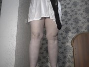 Wearing stockings and a skirt mature bbw milf with big saggy tits and hairy pussy. 1/16