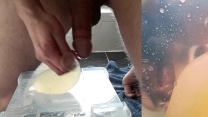beautiful hard cock pisses in condom and fucks his pee into big cumshot with floating sperm