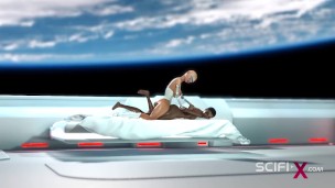 A hot futanari sex robot fucks hard a black girl in the sci-fi bedroom