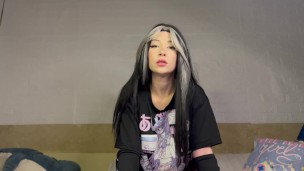 Black hair cute girl humiliate boy in a chastity cage