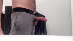 freeballing leads to jerking off my big hairy thick cock through the fly of my grey sweatpants