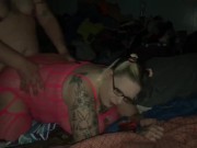 Intense doggystyle dildo fucking ends with hard thrusting creampie from stepbro