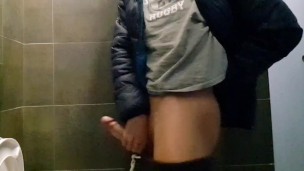 Risky Public Bathroom Masturbation with a Big Sexy Cock