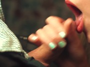 My step sister gently caresses my cock with her tongue. Close-up blowjob and cum in mouth. 15/16