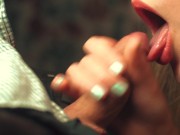 My step sister gently caresses my cock with her tongue. Close-up blowjob and cum in mouth. 16/16