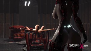 A hot bald young hottie gets fucked by a sex cyborg in the dungeon