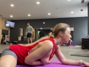 Flashing tits in public.Topless stretching in gym full of people. 16/16