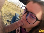 cutie in a leather jacket has hard anal sex on a scooter to wash her face with cum 3/16