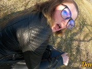 cutie in a leather jacket has hard anal sex on a scooter to wash her face with cum 7/16