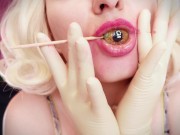 ASMR video: MILF wearing double layer medical gloves and showing braces. 4k video fetish sounding.