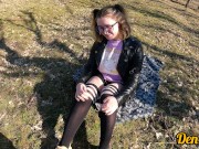 cutie in glasses and jacket has sex in nature and gets a lot of cum on her face 10/16