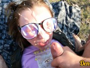 cutie in glasses and jacket has sex in nature and gets a lot of cum on her face 15/16